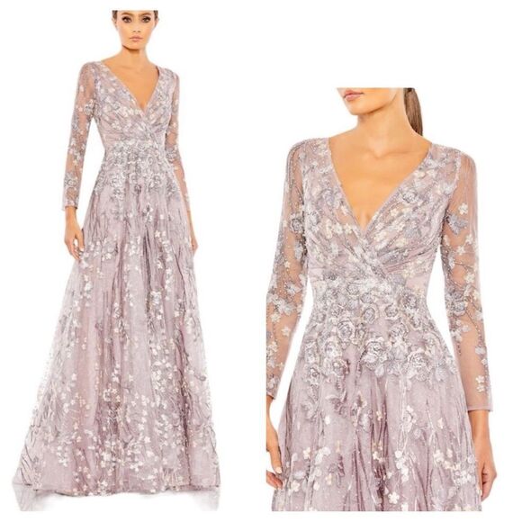 Mac Duggal 20402 Lilac Embellished Wrap Over Illusion Long Sleeve Gown| Size 6 - Picture 1 of 14